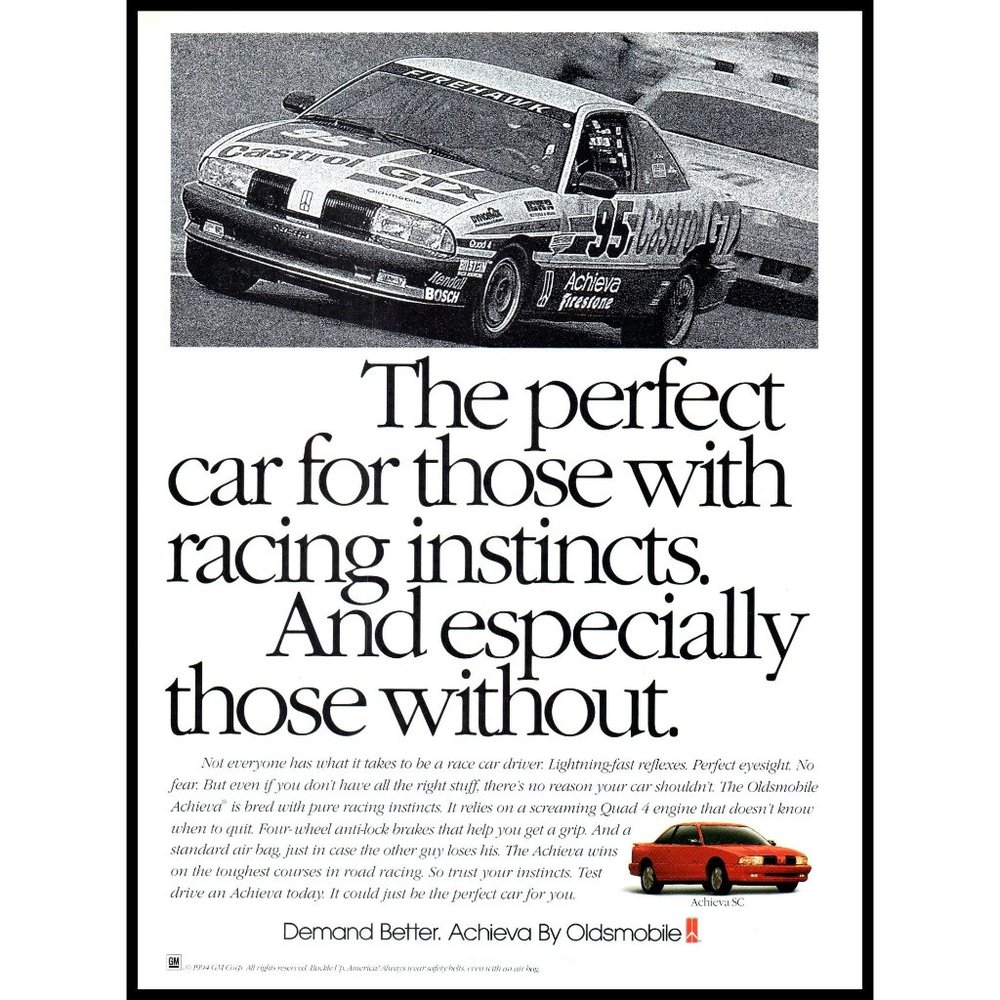 1994 Oldsmobile Achieva SC 2 Door Coupe Vintage Print Ad Race Track Wall Art
